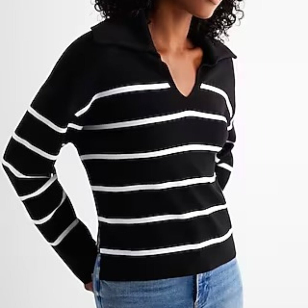 EXPRESS Relaxed Striped V-Neck Cropped Polo Sweater XL Black & White